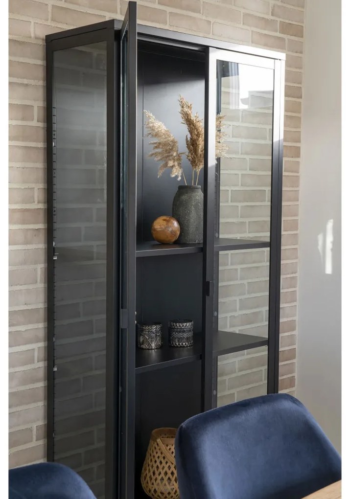 Vitrină Brisbane, 2 uși din sticlă, oțel, negru 80x35x175 cm