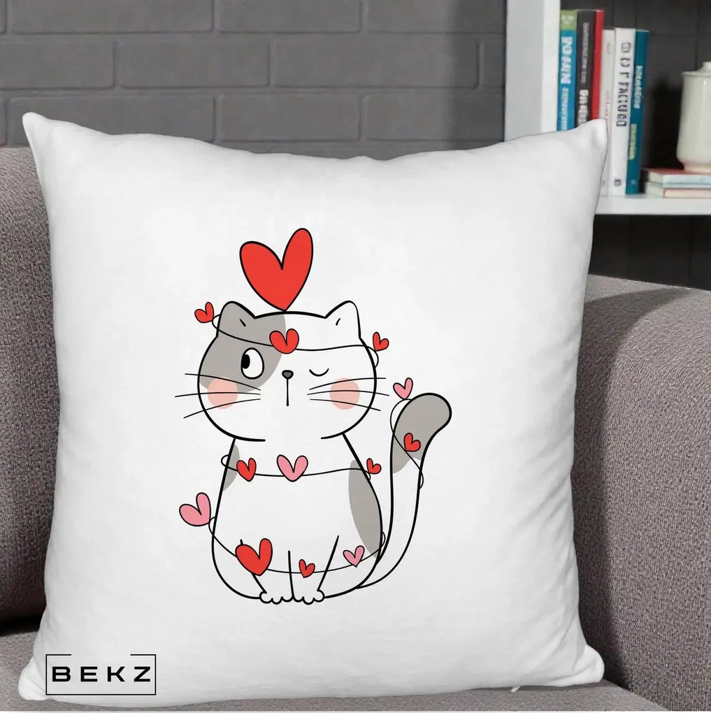 Perna Decorativa Pisica Kawaii cu Inimi, 40x40 cm, Alb Pufos, Husa Detasabila, Perna Inclusa, BEKZ®