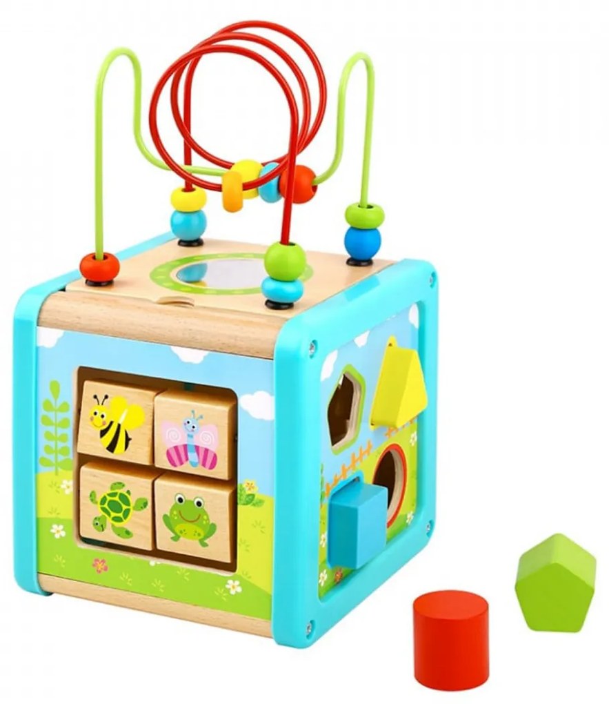 Cub educativ multifunctional din lemn masiv NOVOKIDS™ Wooden EduCube, 5 in 1, Cu forme geometrice, Labirint, Motricitate si puzzle, Materiale Eco,