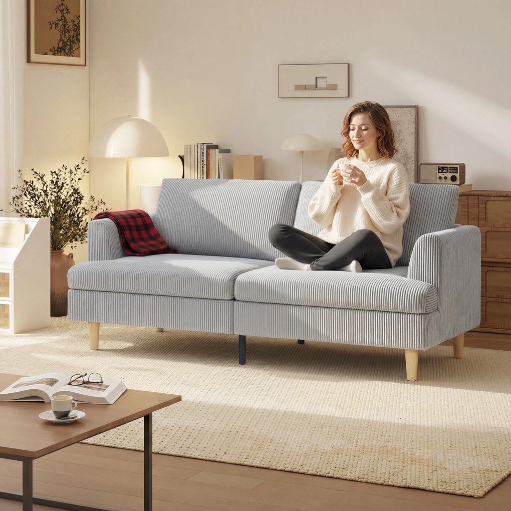 HOMCOM Canapea 3 locuri, canapea cu brațe, tapițată cu aspect corduroy pentru living, Gri deschis | Aosom Romania