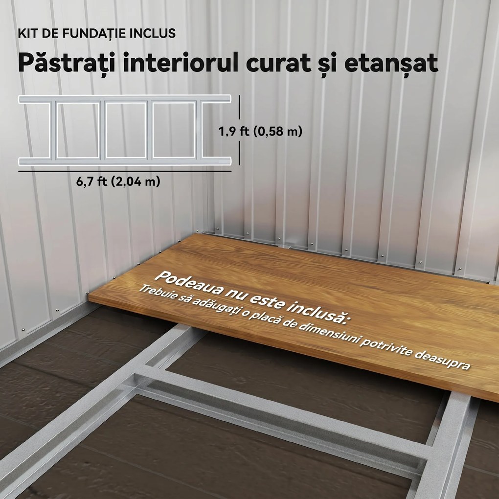 Outsunny Căsuță de Grădină 2,55m² din Oțel Zincat cu Kit de Fundație, Ușă Blocabilă, Acoperiș Înclinat, Gri | Aosom Romania