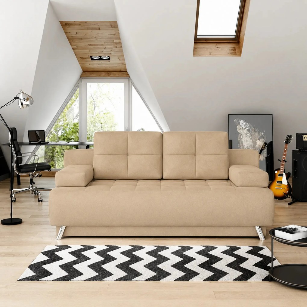 Canapea extensibila OSLO, stofa catifelata crem - Riviera 21, cu lada
