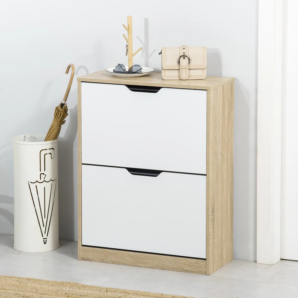 HOMCOM Dulap pantofi cu 2 Sertare Rabatabile, 8 Perechi, cu un Dispozitiv Anti-Răsturnare, Design Compact, 62,5x26x81 cm, Natural | Aosom Romania