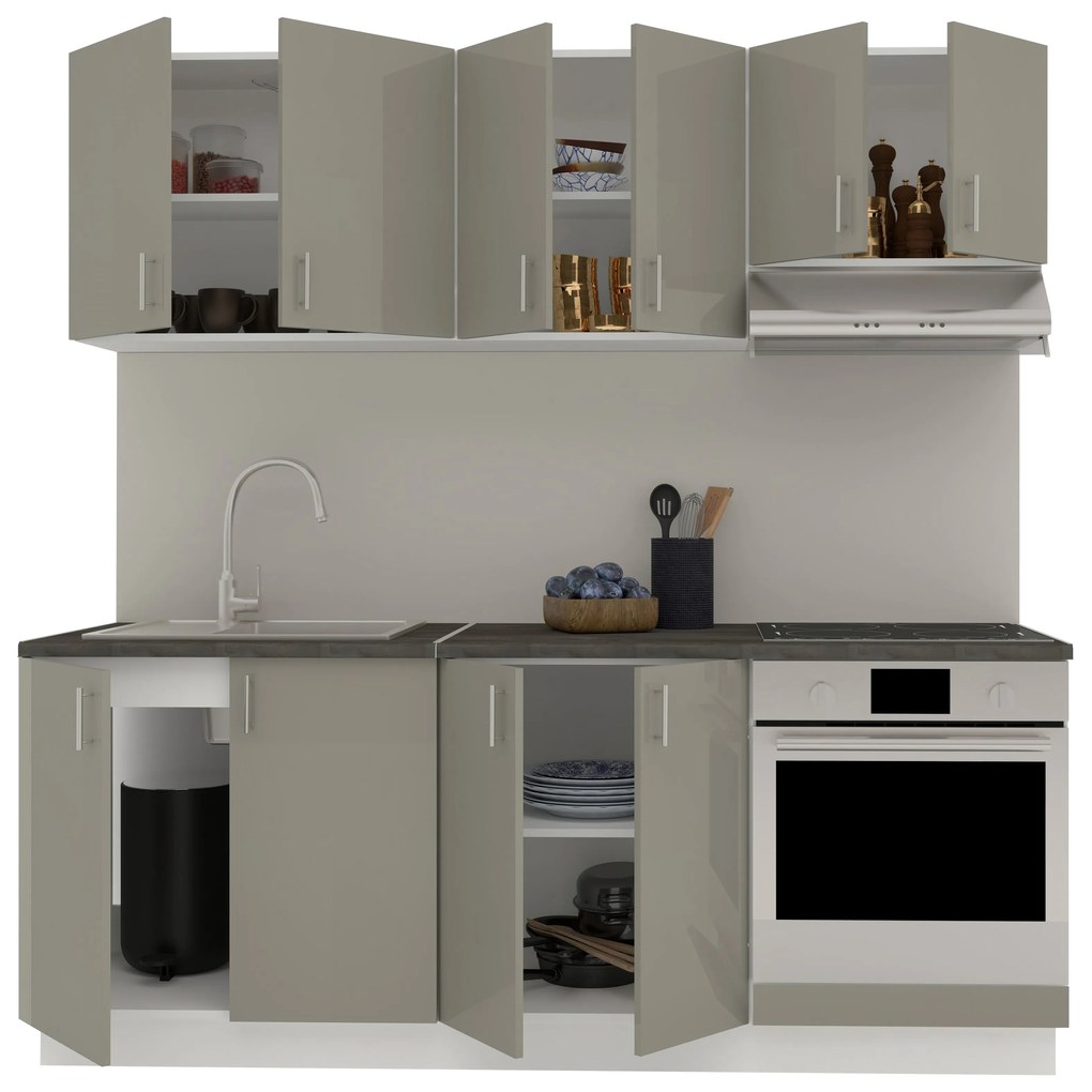 Set Bucatarie Karo V10, Gri Lucios/Alb, MDF, Blat Thermo 28 mm, L 200 cm