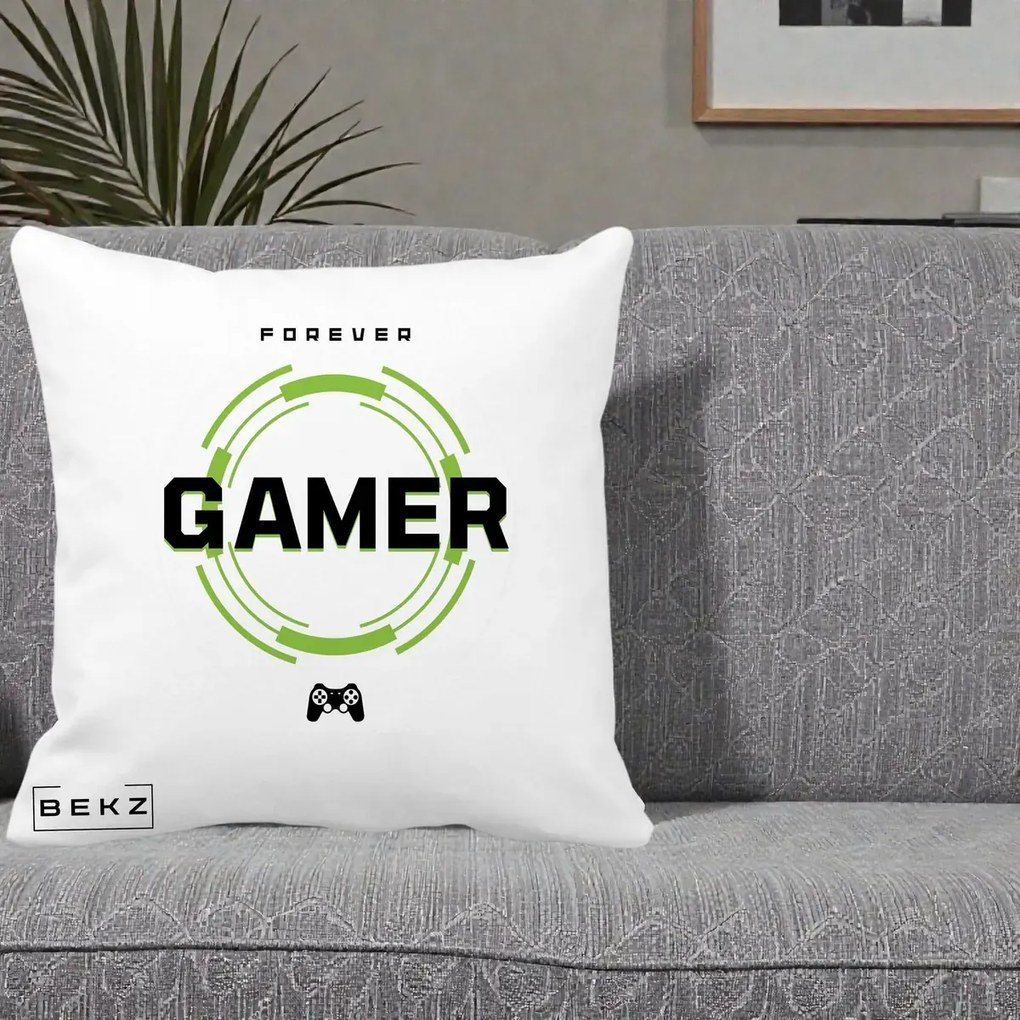 Perna Personalizata Forever Gamer, 40x40 cm, Alba Mata, Husa Detasabila, Perna Inclusa, BEKZ®