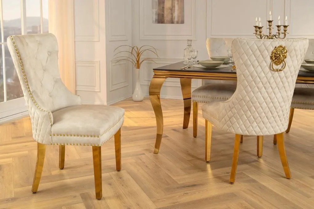 Set 2 scaune Stil Baroc, Catifea, Bej, Metal, Auriu, Castle