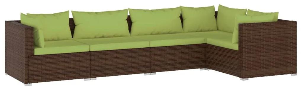Set mobilier de gradina cu perne, 5 piese, maro, poliratan maro si verde, 3x colt + 2x mijloc, 1