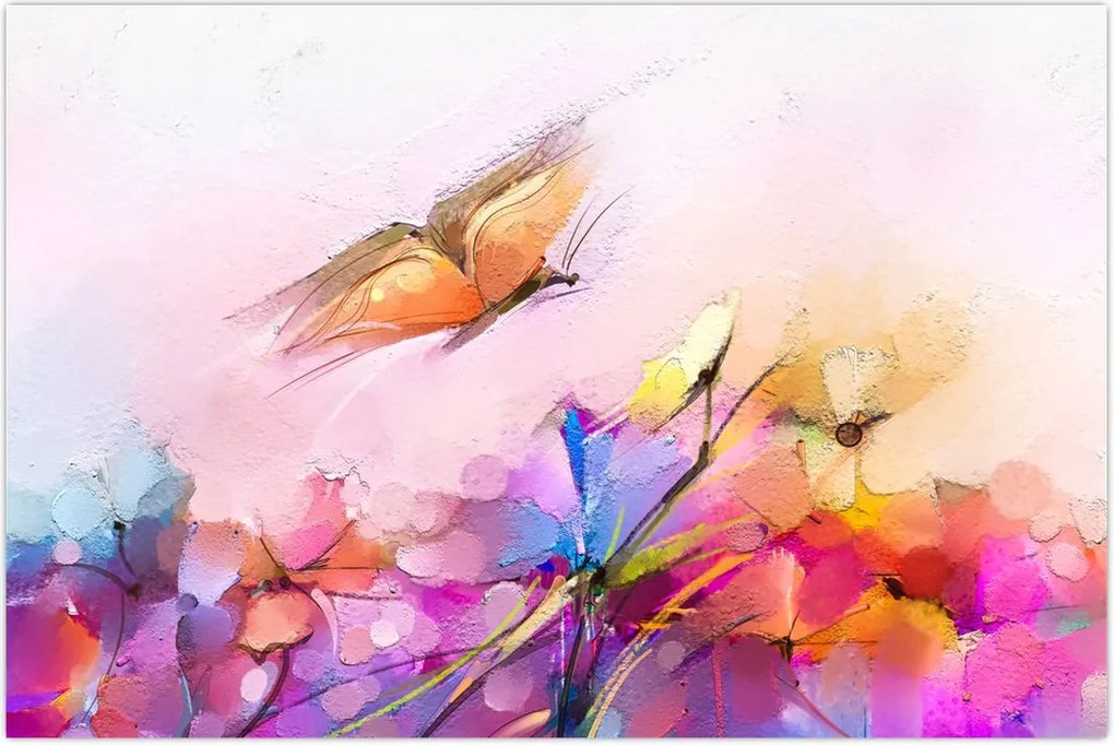 Tablou - Fluture asupra florilor, abstracție (90x60 cm)