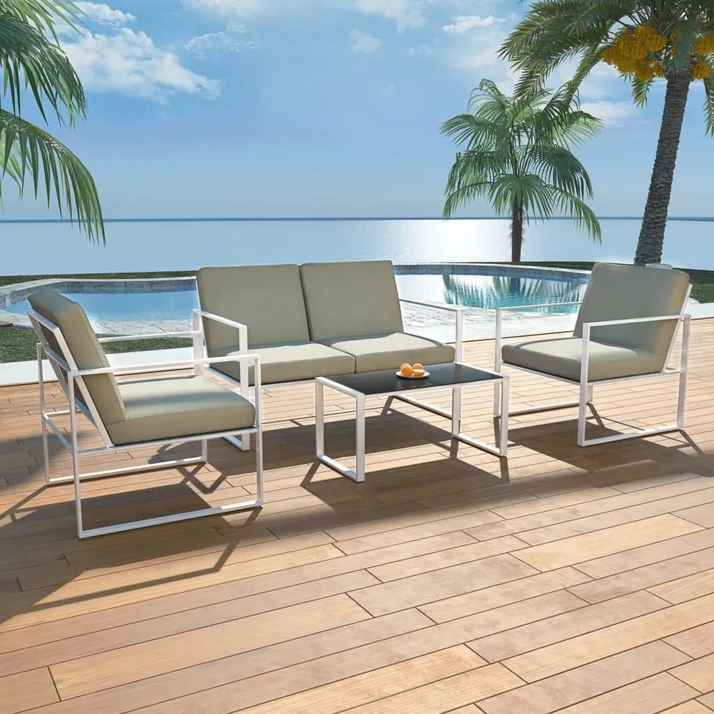 Set mobilier de gradina cu perne, 4 piese, alb, otel