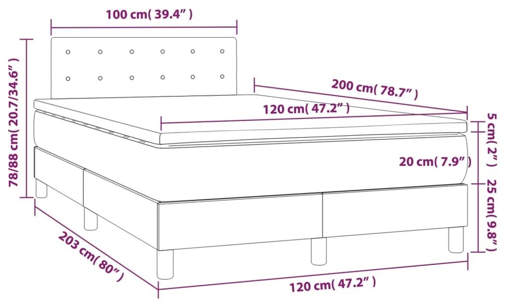 Pat box spring cu saltea, maro inchis, 120x200 cm, textil Maro inchis, 120 x 200 cm, Nasturi de tapiterie