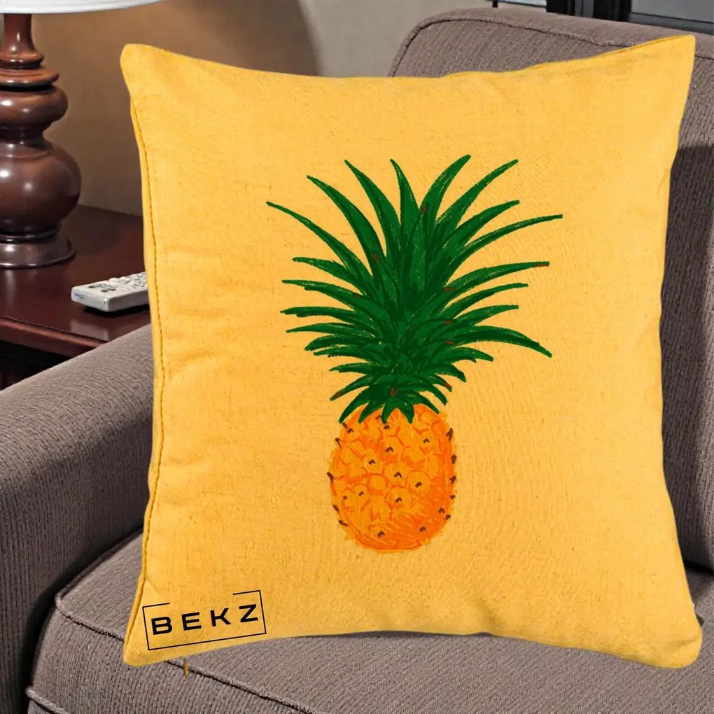 Perna Decorativa Ananas Tropical, 40x40 cm, Galben, Husa Detasabila, Perna Inclusa, BEKZ®