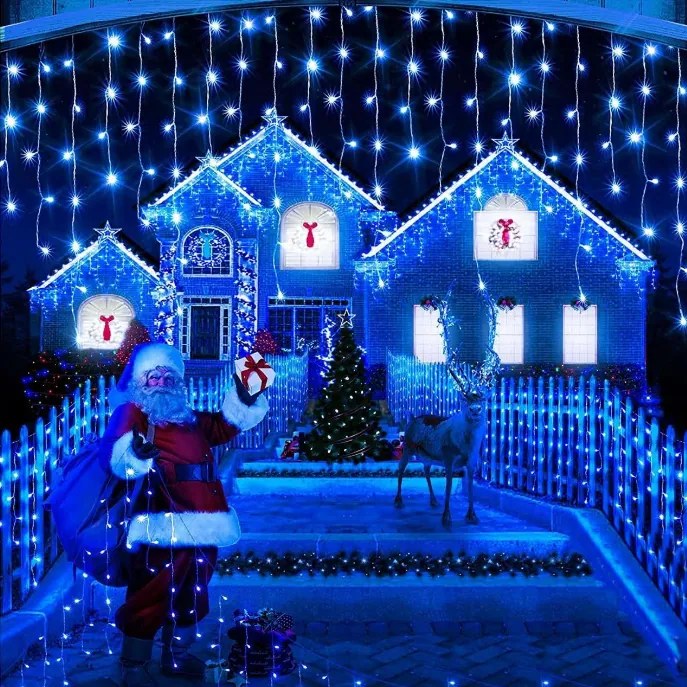 Instalatie de Craciun, franjuri cu flash, cu led tip turturi, fir gros, exterior, albastru, 75 metri