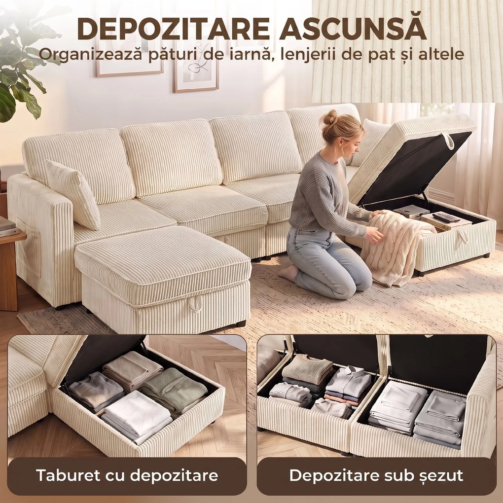 HOMCOM Canapea Modulară în U cu 4 Locuri, 2 Pufuri cu Depozitare, Catifea Reiată, 306x153x85 cm, Crem | Aosom Romania
