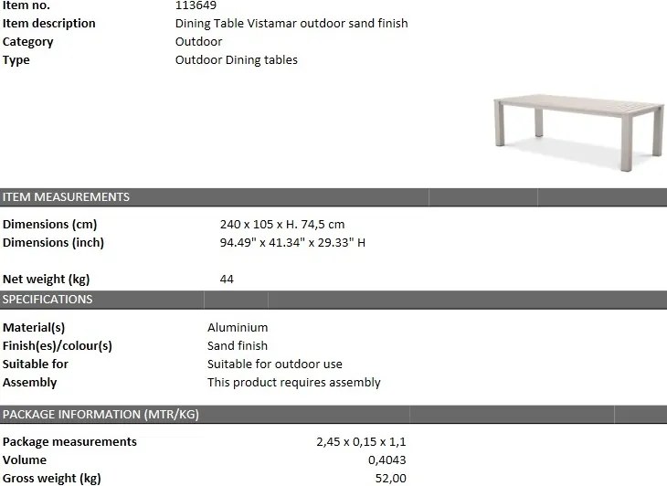 Masa pentru interior/ exterior design LUX din aluminiu Vistamar sand, 240x105cm 113649 HZ