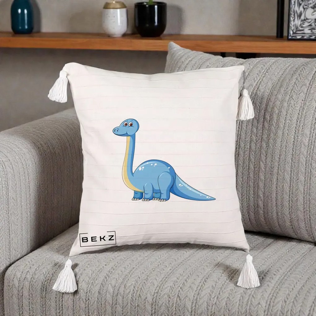 Perna Personalizata Brontosaur Albastru, 40x40 cm, Bej cu Franjuri, Husa Detasabila, Perna Inclusa, BEKZ®