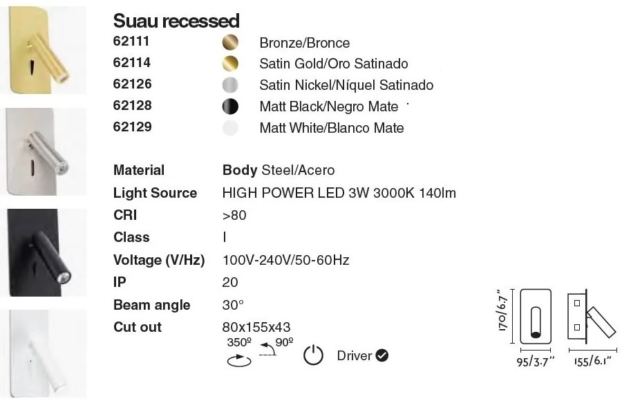 Aplica cu reader LED incastrabila stil minimalist SUAU auriu satin
