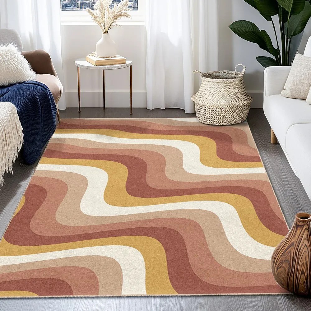 Covor galben ocru-roz prăfuit lavabil 120x180 cm Creamy Strawberry Swirl – Mila Home