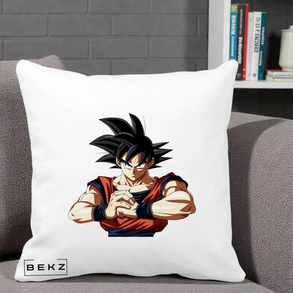 Perna Personalizata Dragon Ball Goku Portret Serios, 40x40 cm, Alba Mata, Husa Detasabila, Perna Inclusa, BEKZ®