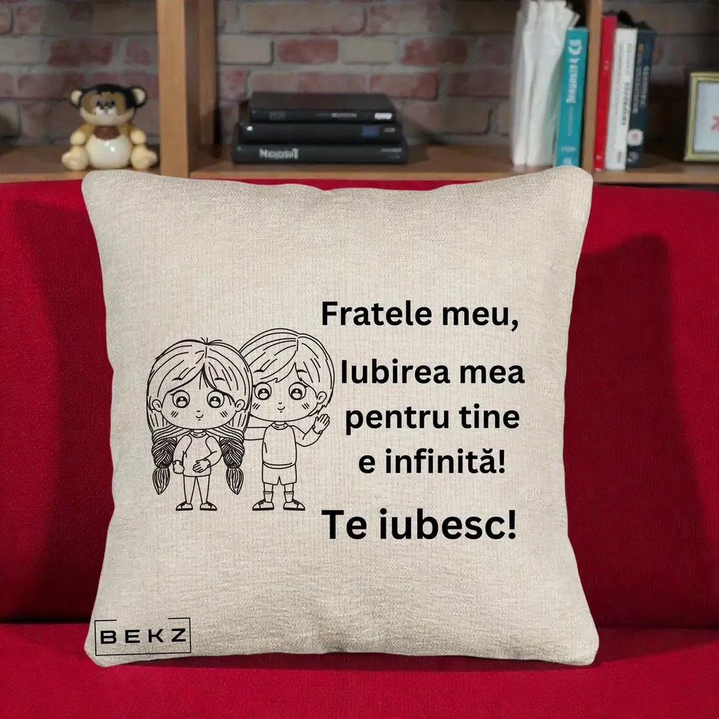 Cadou pentru Frate - Perna Personalizata Fratele Meu Te Iubesc Copii Anime Line Art Negru, 40x40 cm, Bej Canapea, Husa Detasabila, Perna Inclusa, BEKZ®