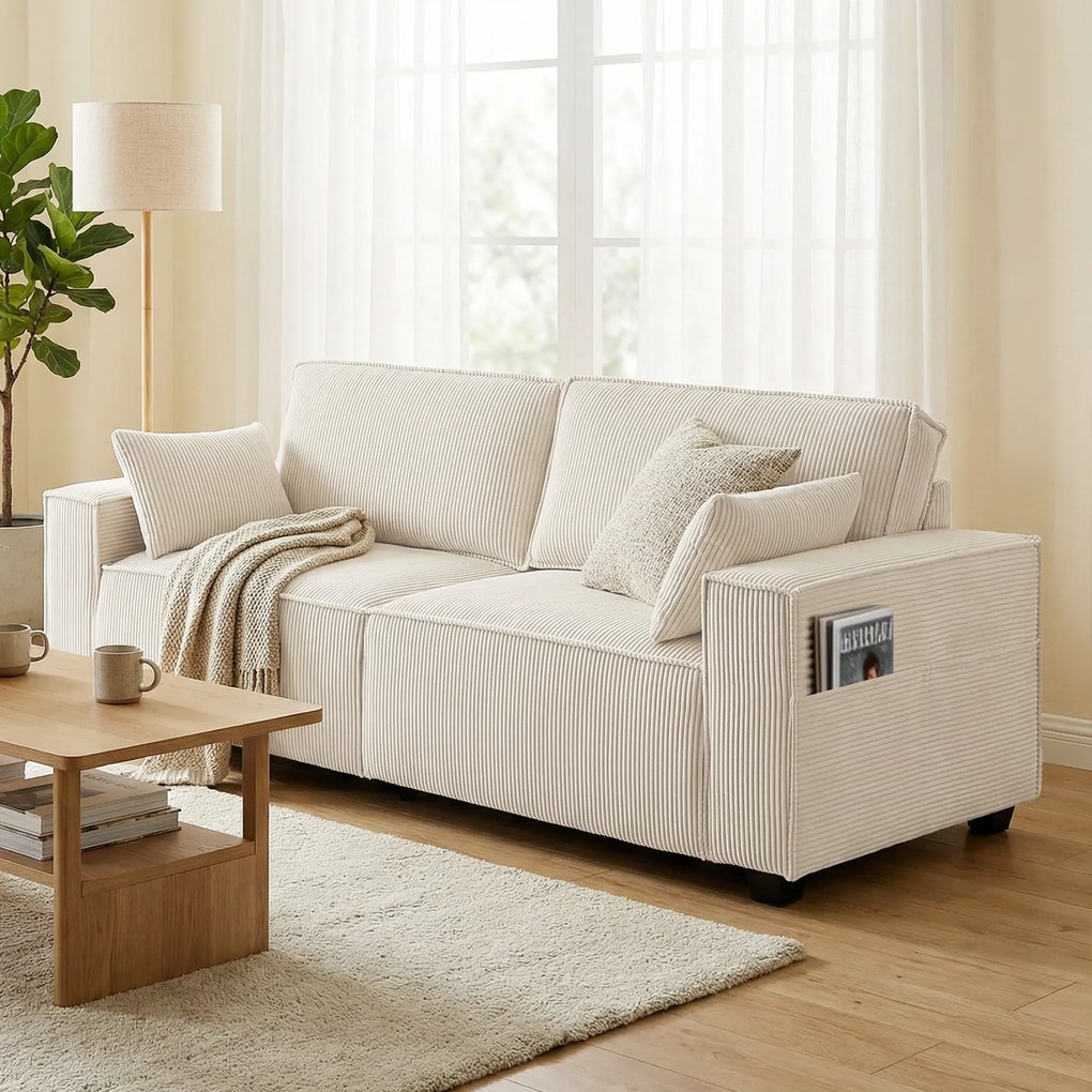 HOMCOM Canapea 3 locuri din velur canelat 218 cm, canapea de living, perne cu arcuri, cotiere late, 2 perne, bej | Aosom Romania