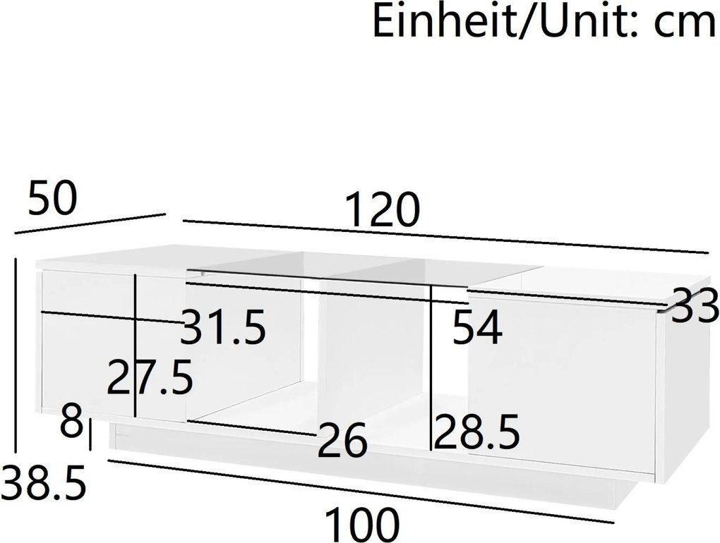 Masă de cafea cu iluminare LED, blat de masă lucios, spațiu generos de depozitare, 120x50x38,5 cm, Alb