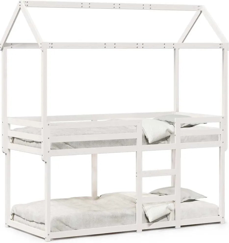 vidaXL Pat supraetajat cu acoperiș, alb, 80x200 cm, lemn masiv de pin