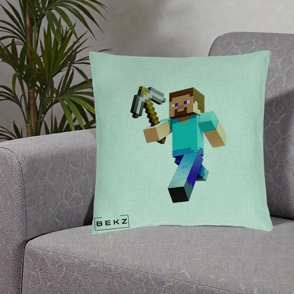 Perna Personalizata Minecraft Steve cu Tarnacop, 40x40 cm, Verde Menta, Husa Detasabila, Perna Inclusa, BEKZ®