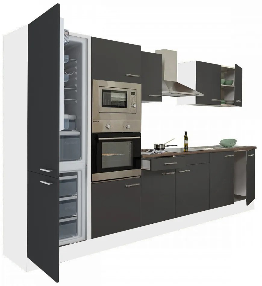 Mobilă de bucătărie Yorki 330, corp alb, față antracit satinat, frigider cu congelator inferior