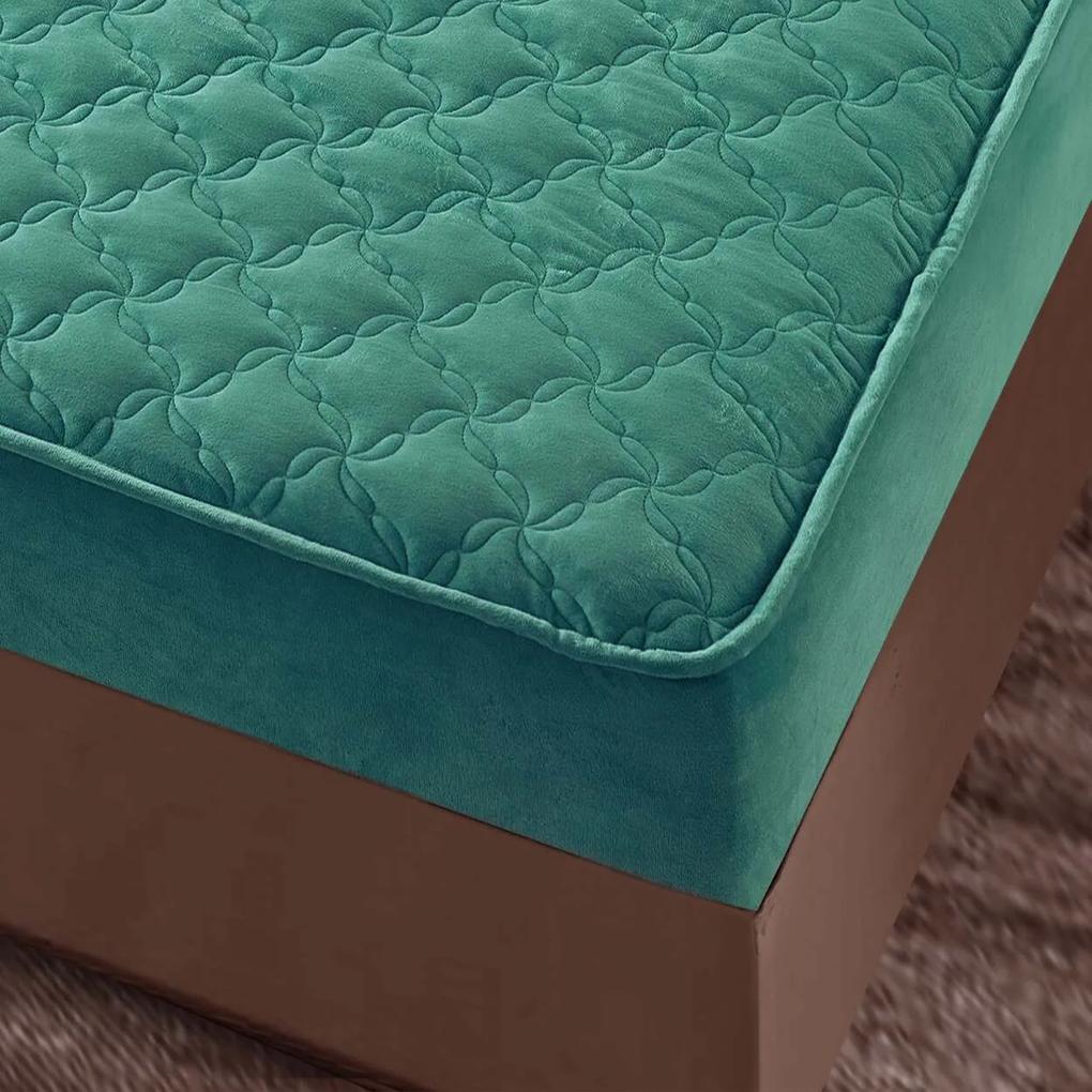 Husa de pat matlasata si 2 fete de perne din catifea, cu elastic, model tip topper, pentru saltea 140x200 cm, turquoise, HTC-28