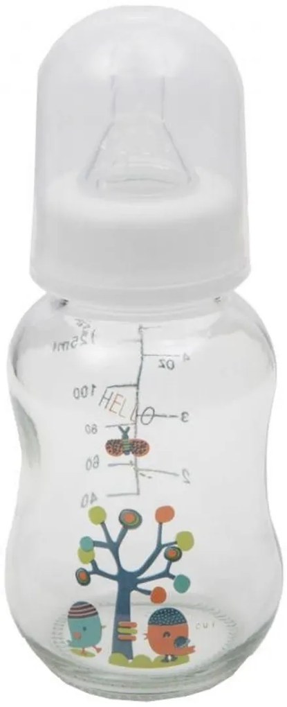 Biberon din sticla cu capac Cangaroo™ Hello, 0 luni+, 120 ml, 4 masuri, sistem anti colici, tetina lapte, Alb