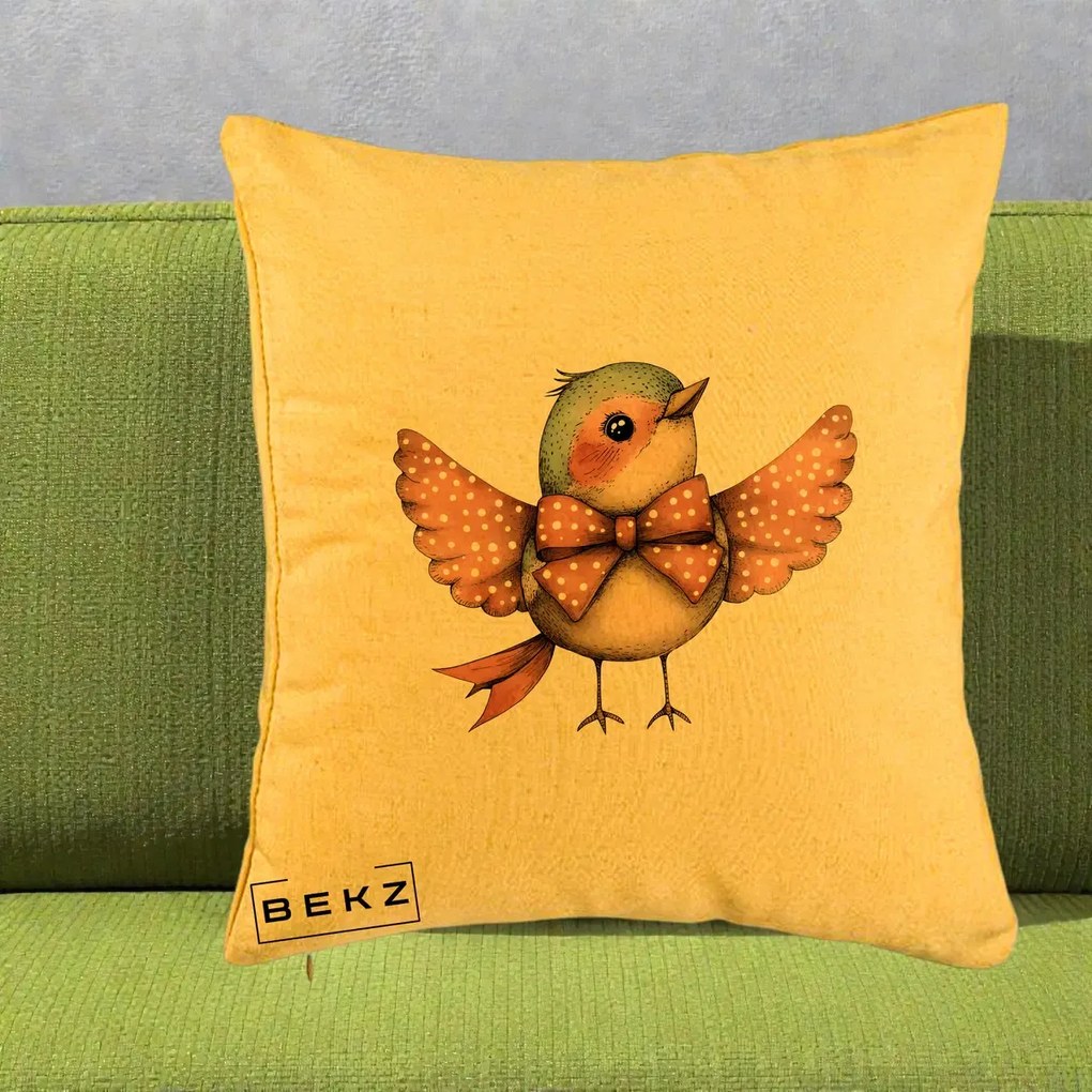 Perna Decorativa Pasare Roz cu Aripi si Fundita, 40x40 cm, Galben, Husa Detasabila, Perna Inclusa, BEKZ®