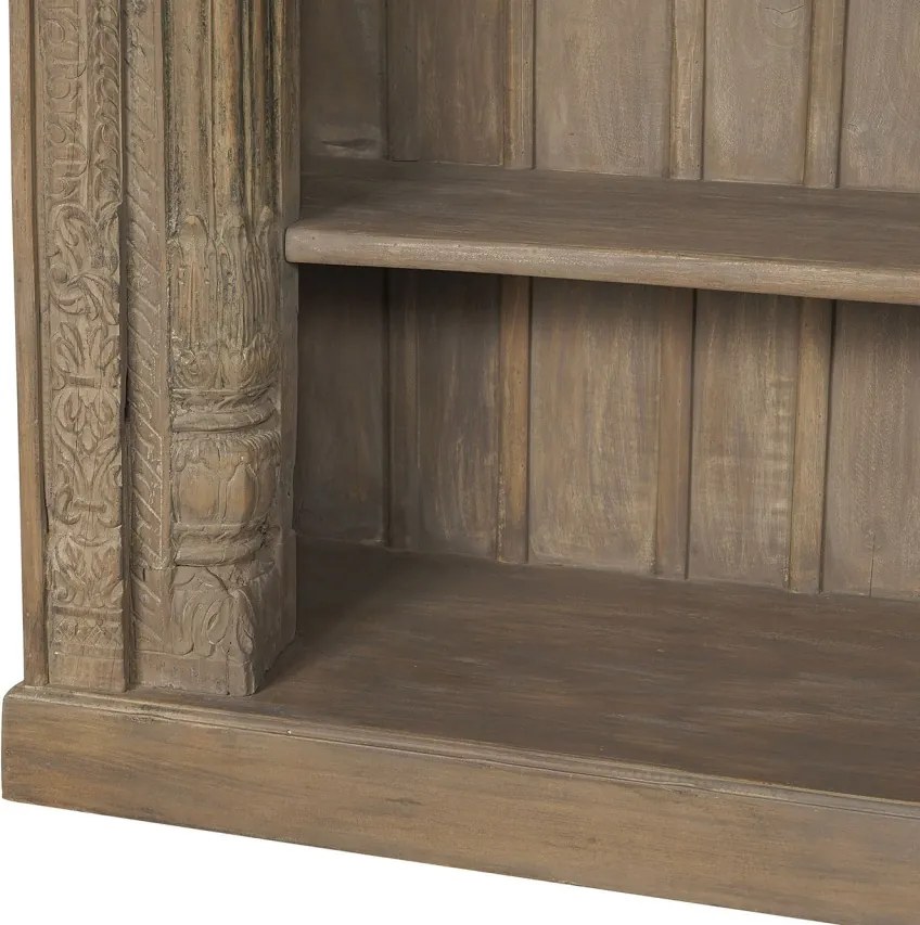 Bibliotecă sculptată din lemn masiv de teak, finisaj natural antichizat, 4 rafturi deschise, piesă unicat, 168×56×272 cm, „Dharma"