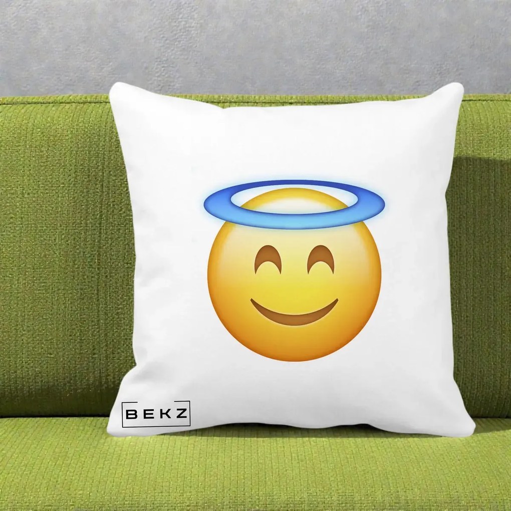 Perna Decorativa Emoji Inger cu Aureola, 40x40 cm, Alba Mata, Husa Detasabila, Perna Inclusa, BEKZ®