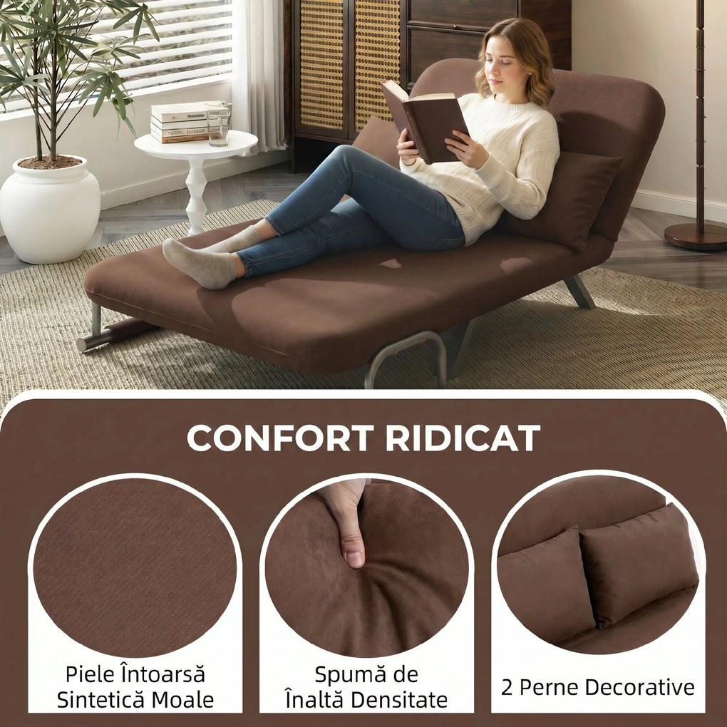 HOMCOM Canapea Extensibilă 2 Locuri din Piele Întoarsă Sintetică cu Spătar Reglabil și 2 Perne, Maro Închis | Aosom Romania