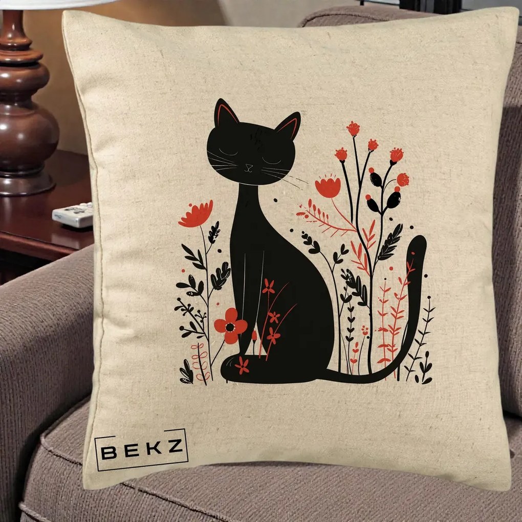 Perna Decorativa Pisica Neagra Flori Rosii Folk Minimal, 40x40 cm, Bej, Husa Detasabila, Perna Inclusa, BEKZ®