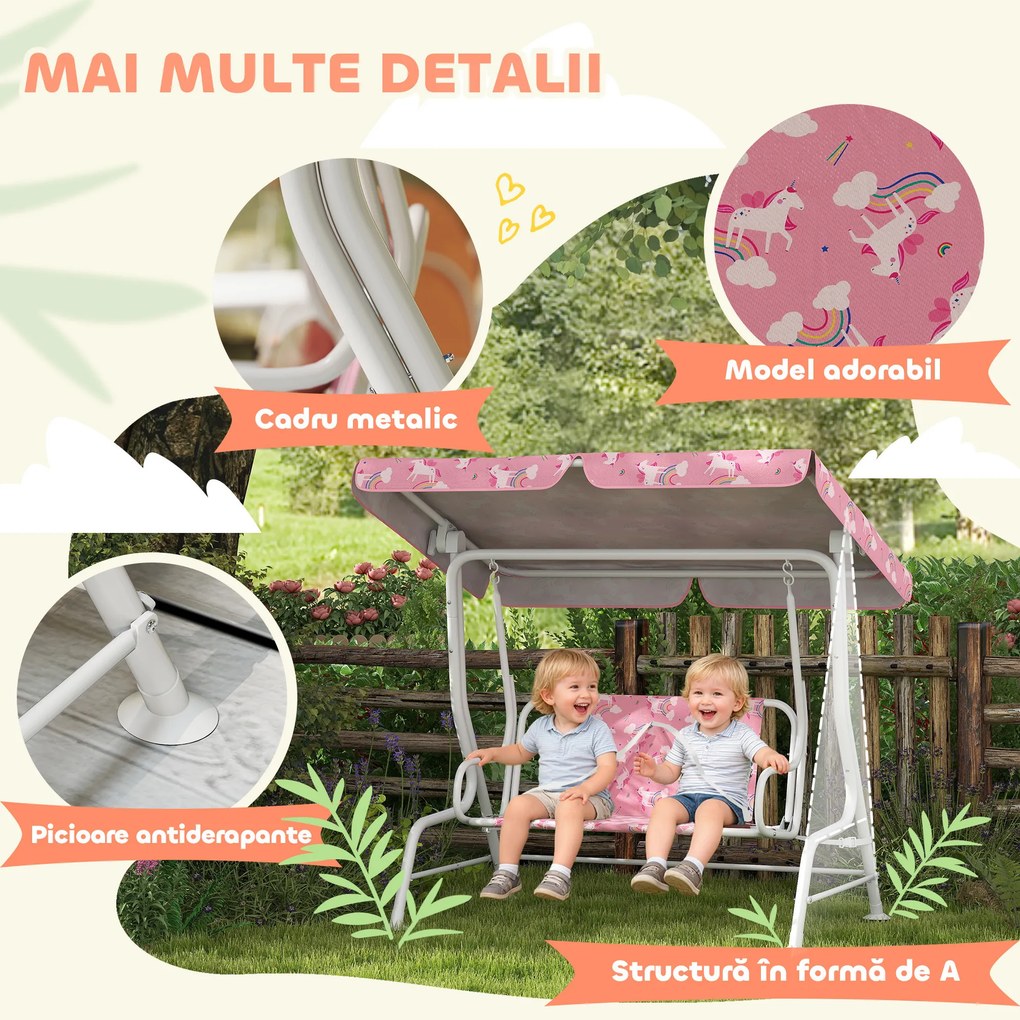 AIYAPLAY Leagăn pentru Copii de Exterior cu 2 Locuri, Acoperiș Reglabil și Centuri de Siguranță, Leagăn Grădină și Interior din Oțel și Material Oxford, Max 60 kg, 112x75x120 cm, Roz | Aosom Romania