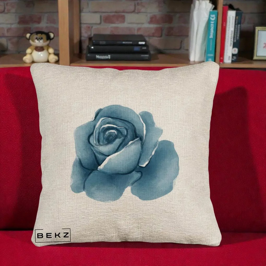 Perna Decorativa Trandafir Albastru Acuarela, 40x40 cm, Bej Canapea, Husa Detasabila, Perna Inclusa, BEKZ®