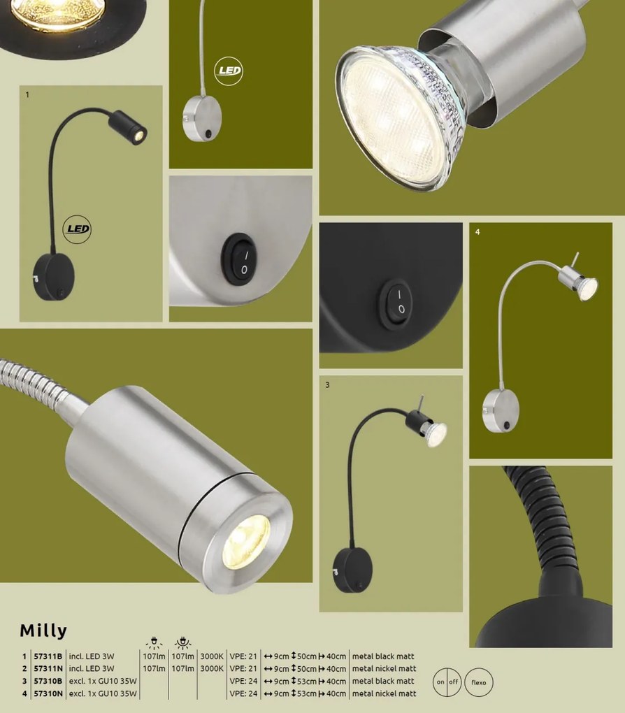 Aplica cu reader LED brat flexibil MILLY nickel