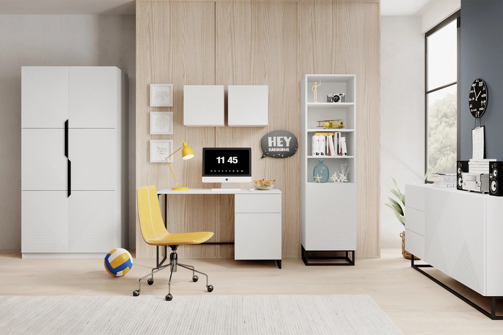 Comodă Asha 167 cm cu două uși și sertare - alb mat / cadru negru