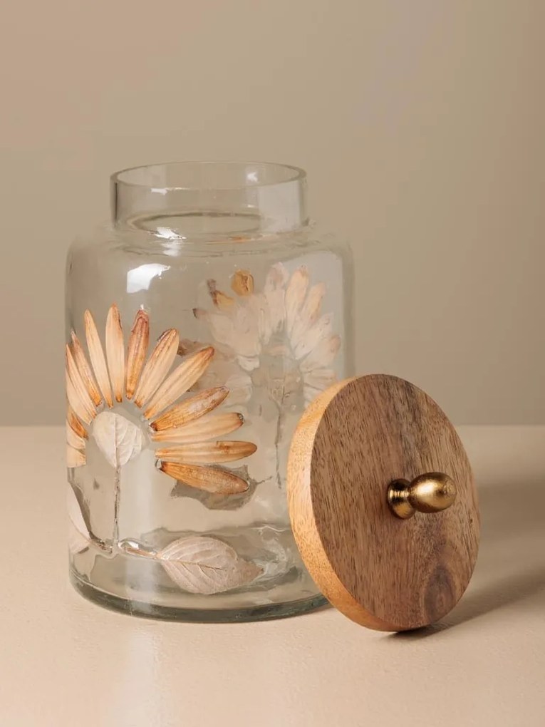 Borcan din sticla, cu capac din lemn de mango, design petale presate, H17cm, Aster