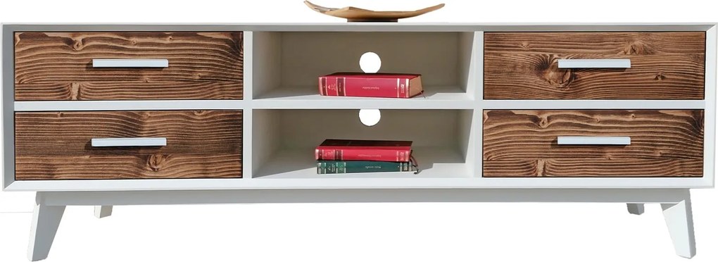 Comodă TV lemn masiv alb Timeless 4 Sertare 2 Nișe, 146 × 40 × 48 cm