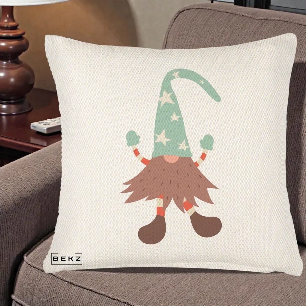 Perna Decorativa Pitic Gnom Nordic cu Cadou Menta, 40x40 cm, Crem Reliefat, Husa Detasabila, Perna Inclusa, BEKZ®
