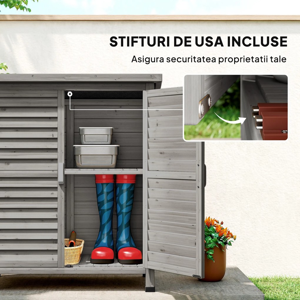 Outsunny Dulap de Grădină din Lemn de Brad cu Uși cu Obloane și 2 Polițe, 87x46,5x96,5cm, Gri | Aosom Romania
