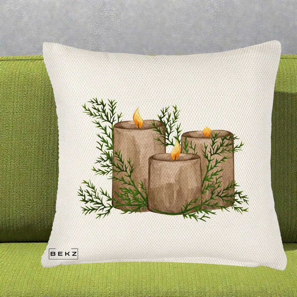 Perna Decorativa Lumanari Rustice cu Crengute Brad, 40x40 cm, Crem Reliefat, Husa Detasabila, Perna Inclusa, BEKZ®