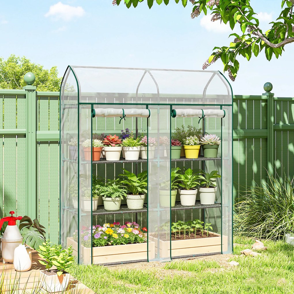 Outsunny Seră pentru Balcon cu 3 Rafturi și 2 Uși Rulabile, Cadru din Oțel și Husă PVC, 143x46x165 cm, Transparentă | Aosom Romania
