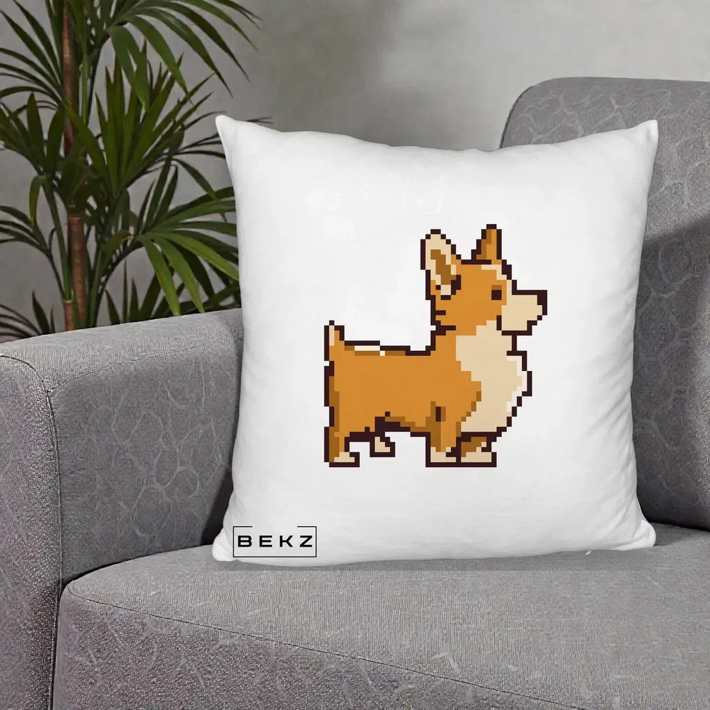 Perna Personalizata Corgi Pixel Art, 40x40 cm, Alb Pufos, Husa Detasabila, Perna Inclusa, BEKZ®