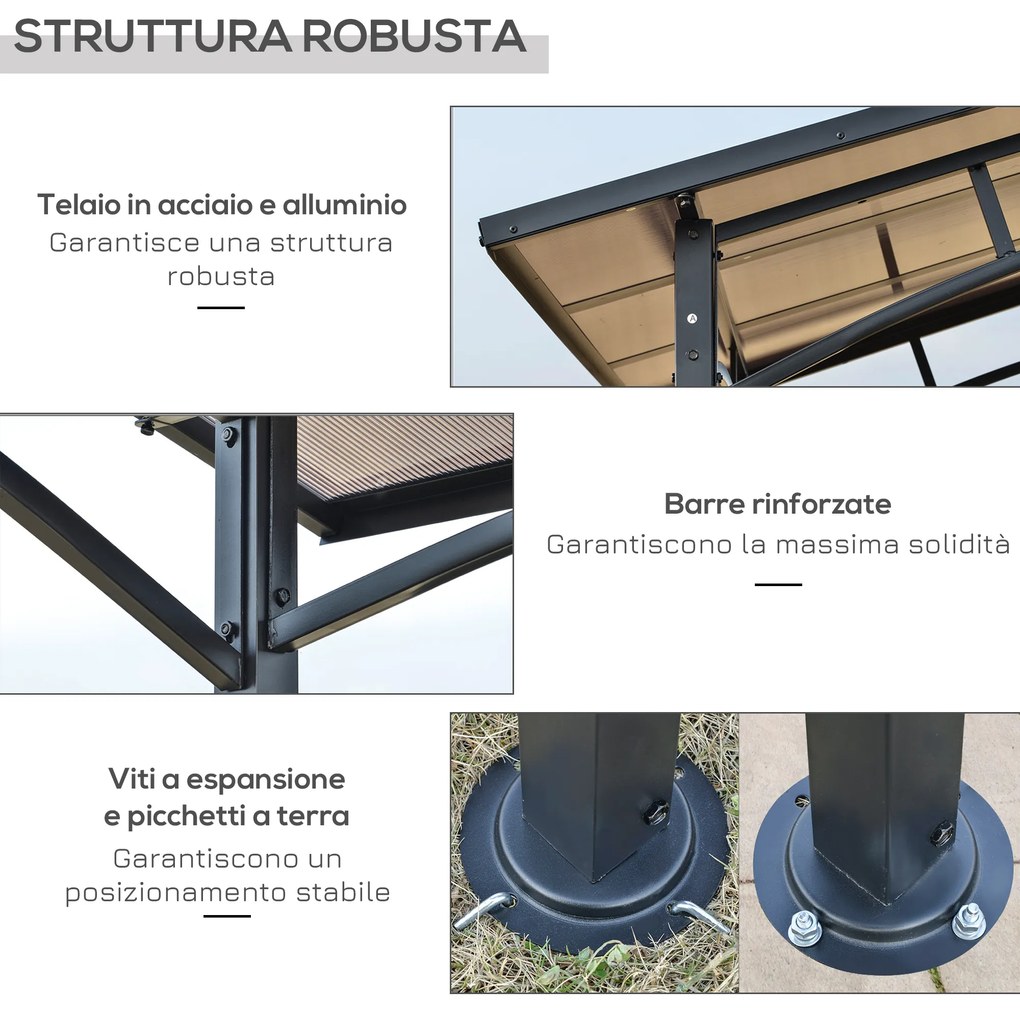 Outsunny Foișor de Grădină cu Acoperiș din PC și Rafturi Laterale, Structură din Aluminiu și Metal, 246x149x230 cm, Negru | Aosom Romania