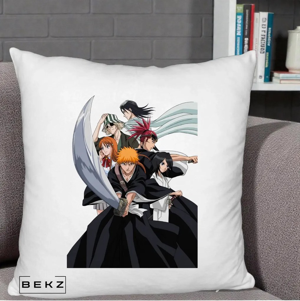 Perna Personalizata Bleach Grup Complet Ichigo si Prietenii, 40x40 cm, Alb Pufos, Husa Detasabila, Perna Inclusa, BEKZ®