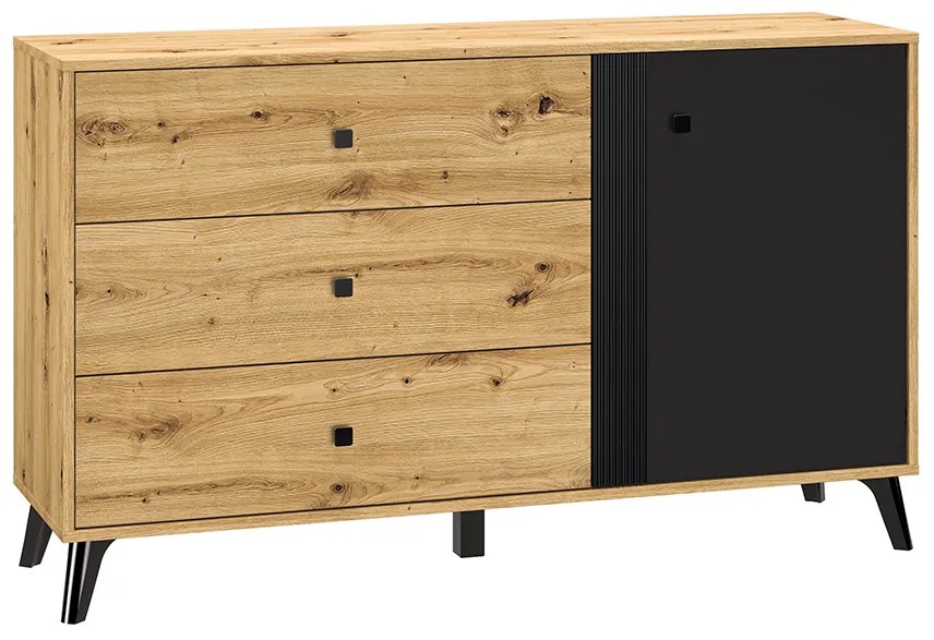 Comoda cu 3 sertare si 1 usa, stejar artisan negru, 138x83x40 cm, modern ,model pe mijloc usa, picioare negre , pentru living , dormitor, hol stejar