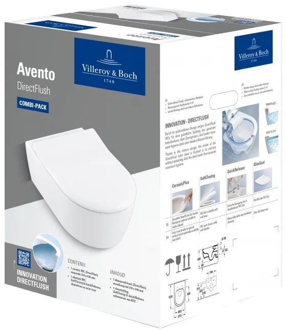 Set vas WC rimless suspendat, Villeroy&amp;Boch Avento, DirectFlush, cu capac slim inchidere lenta, 37x53cm, 5656RS01